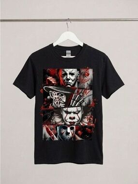 Horror Movie Villains Graphic T-Shirt Spooky Slasher Halloween Killer Tee Black